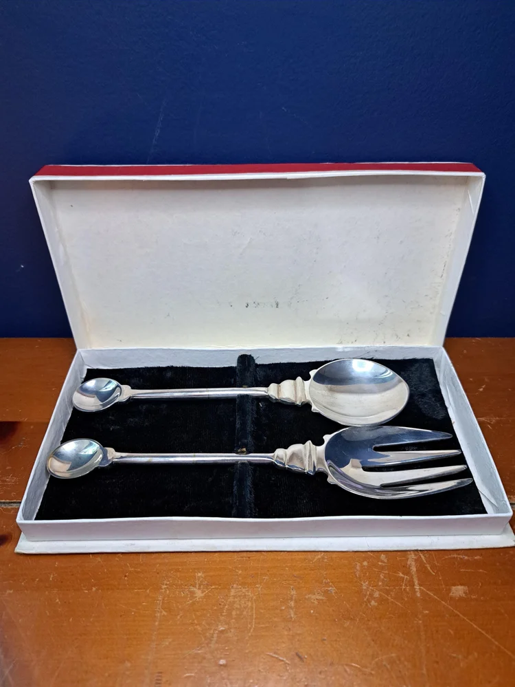 Vintage Set of Sliver Salad Servers in Original Box, Unmarked