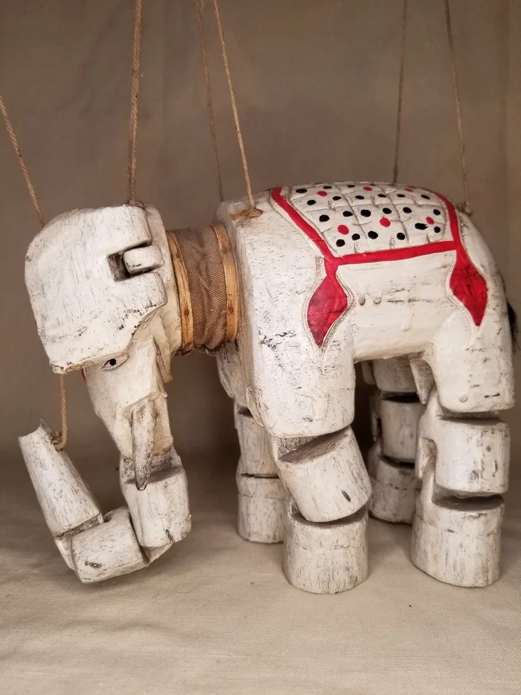 Vintage Hand Carved, Hand Painted, Wooden Elephant Marionette