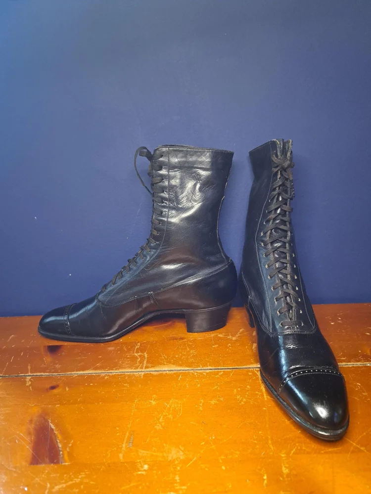 Antique Victorian Lace Up Boots, Early 1900's Black Leather Boots