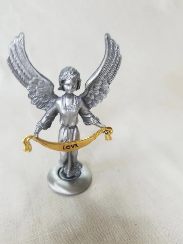 Small Pewter Angel With Gold Tone Love Banner Figurine - Banner Says LOVE