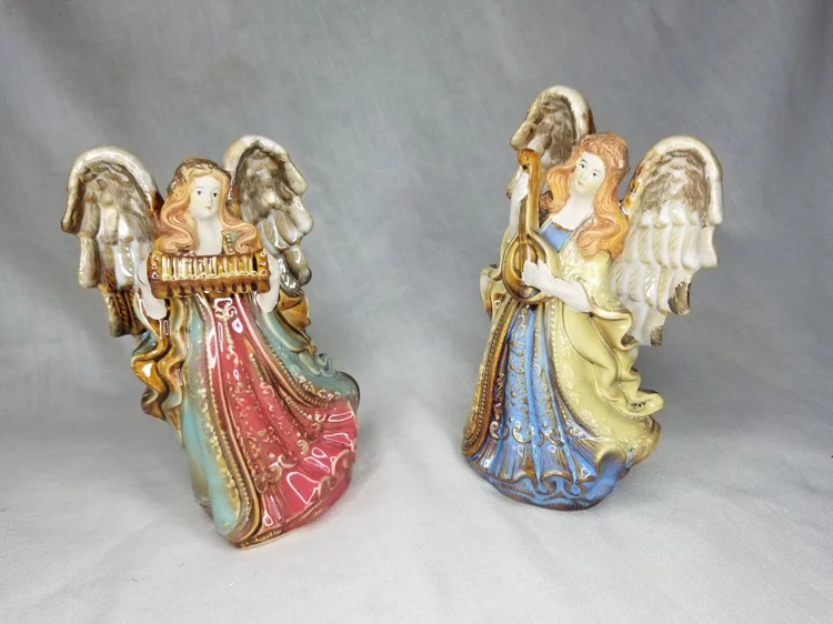Set of Two Musical Red Head Angels - One Playing an Accordian and One Playing a Harpsichord