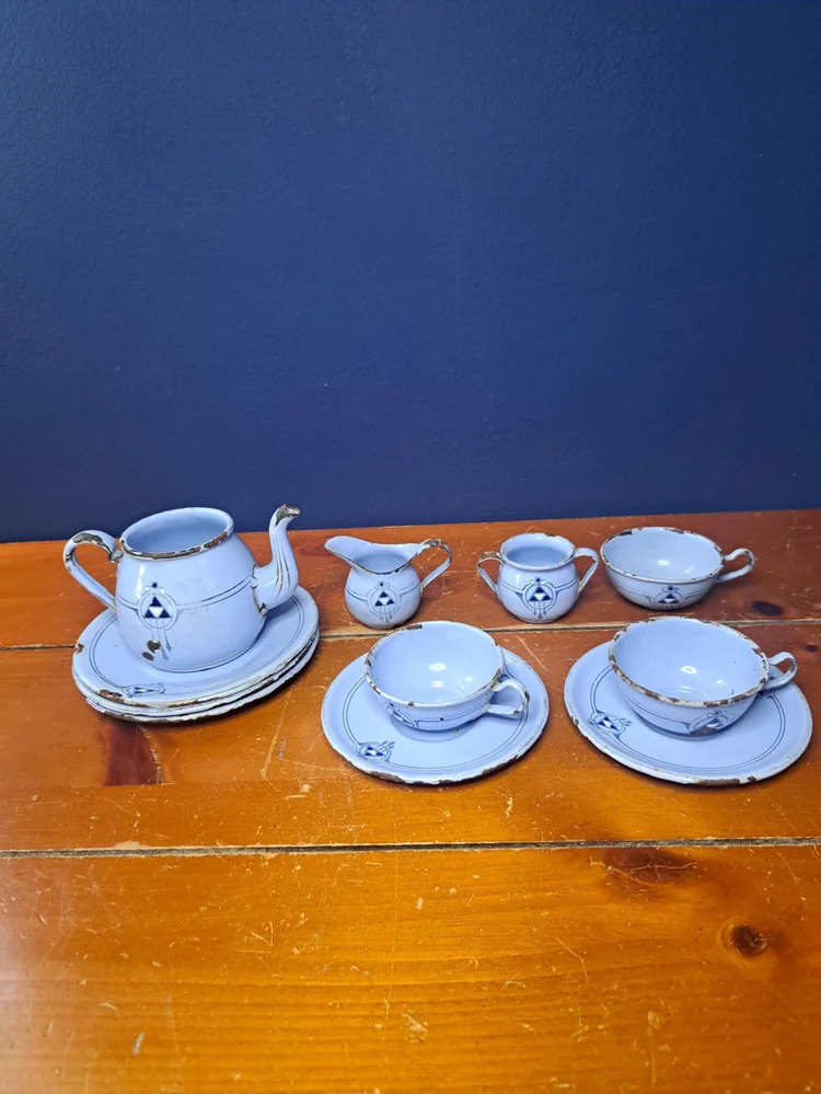 Antique Child's Toy Enamelware Tea Set, Antique Southwest Pretend Play Tea Set, Enamelware Play Tea Set, Vintage Enamelware Child Tea Set