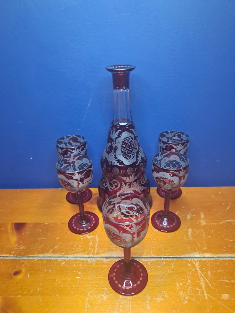 Vintage Bohemian Ruby Red Etched Glass Decanter and Five Cordial Glasses, Cranberry Glass Decanter and Glass Set