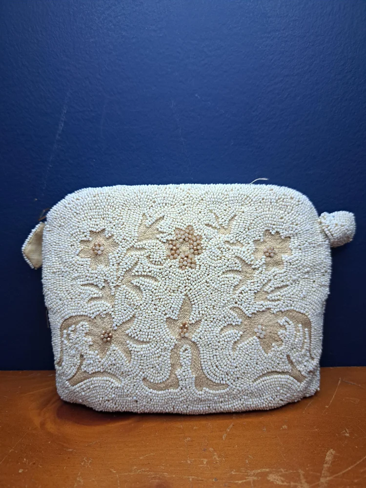 Vintage Glass Bead Clutch, Mid Century Modern Ivory Glass Beaded Purse