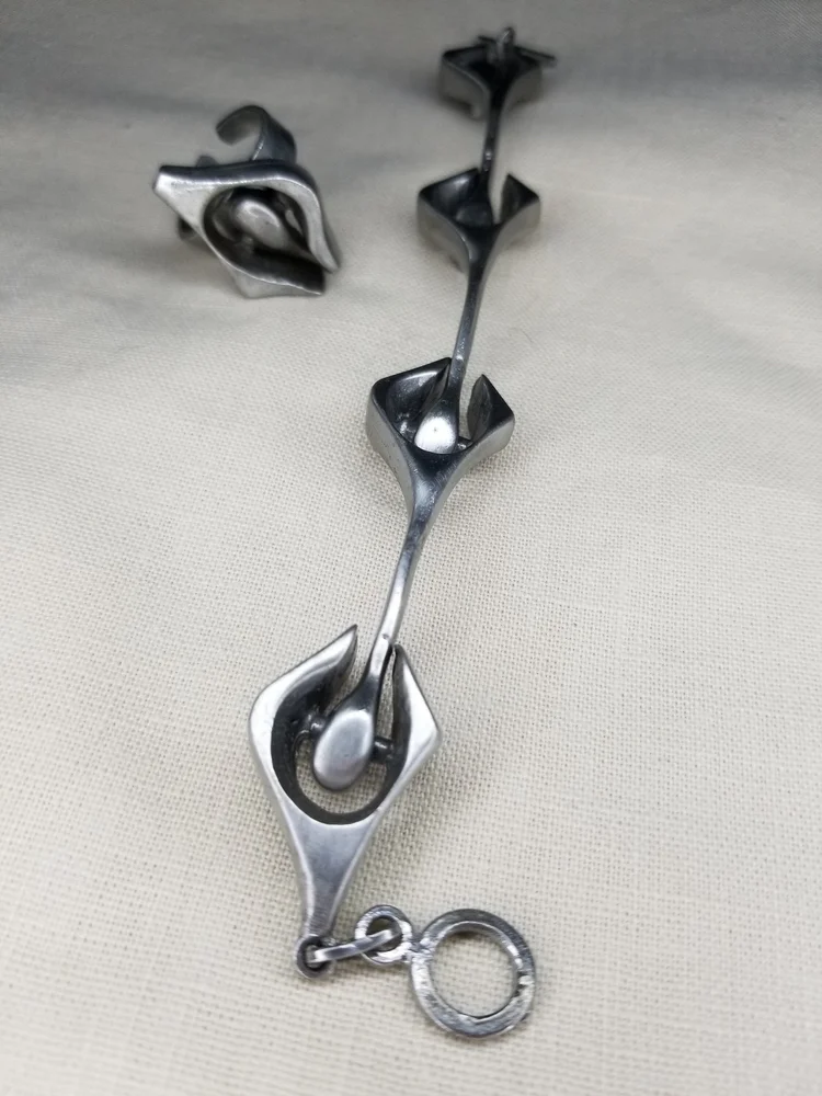 Vintage Danish Lysgard Designs Pewter Jewelry Set - Brutalist Scandinavian Bracelet and Matching Adjustable Ring