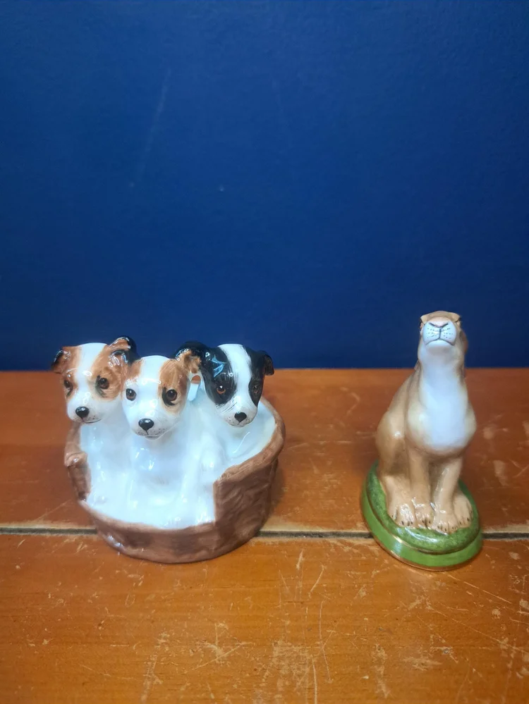 Vintage Royal Doulton Three Puppies in a Basket, Halcyon Days Hare Gazing at the Moon Figurine