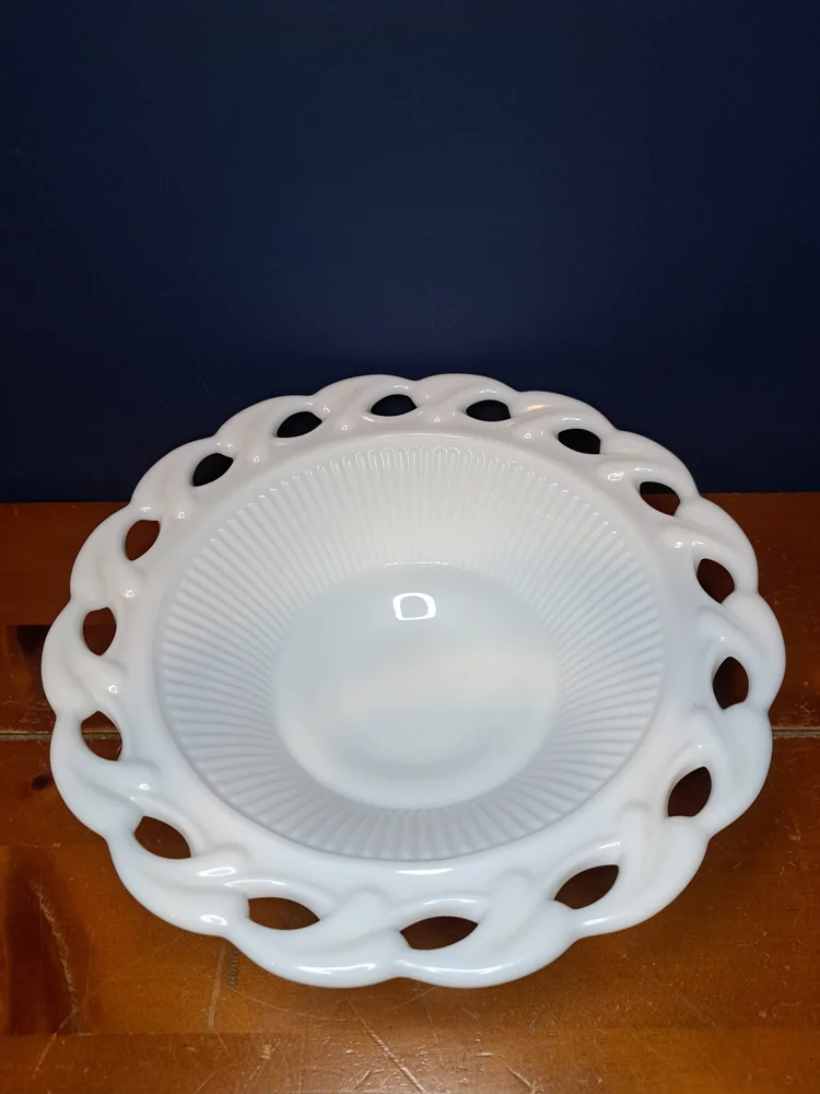 Vintage 1950s Fostoria Wistar Lace Edge Milk Glass Compote, Vintage Footed Pedestal Eyelet Candy Dish, Vintage Milk Glass Pedestal Compote