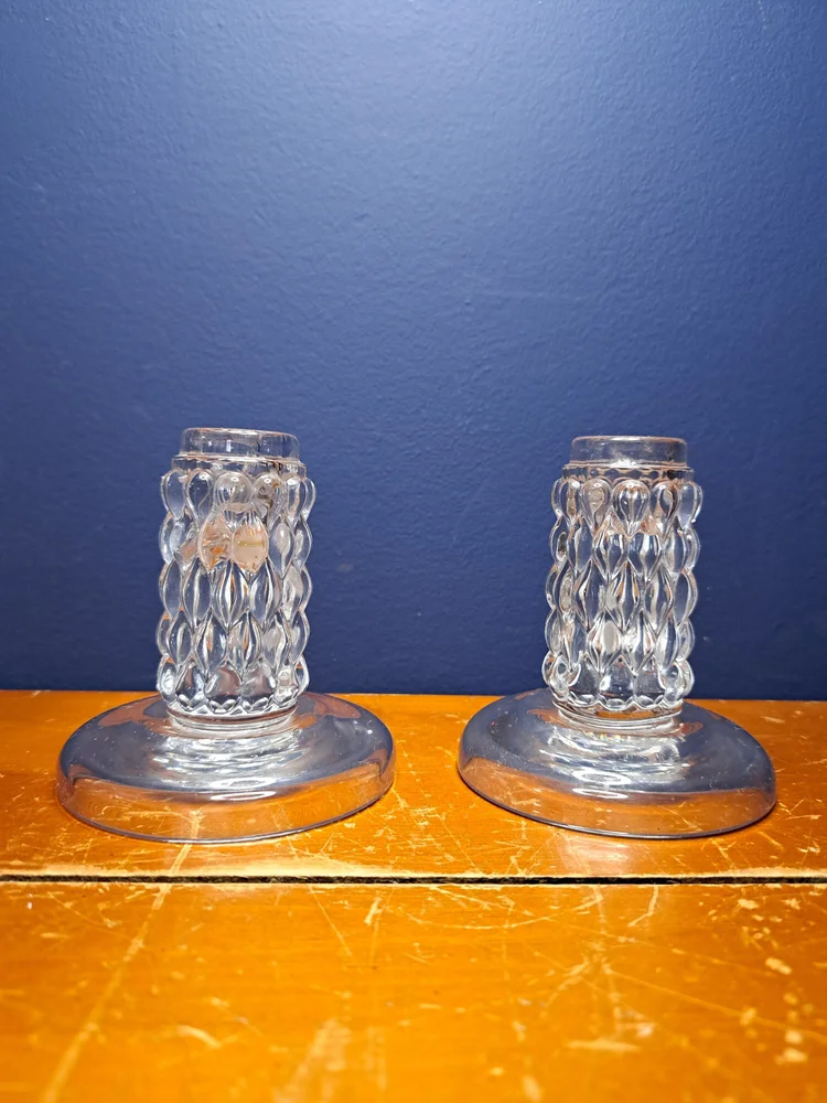 Set of Two Art Deco Bubble Glass Taper Candlestick Holders, Vintage Taper Candlestick Holders, Art Deco Bubble Glass Candle Holders Set of 2
