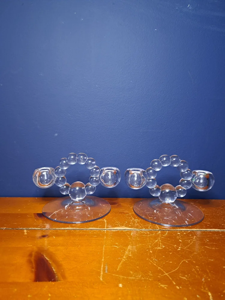 Set of Two Imperial Glass Taper Candlestick Holders, Vintage Taper Candlestick Holders, Atomic Bubble Glass Candle Holders, Candlewick Clear