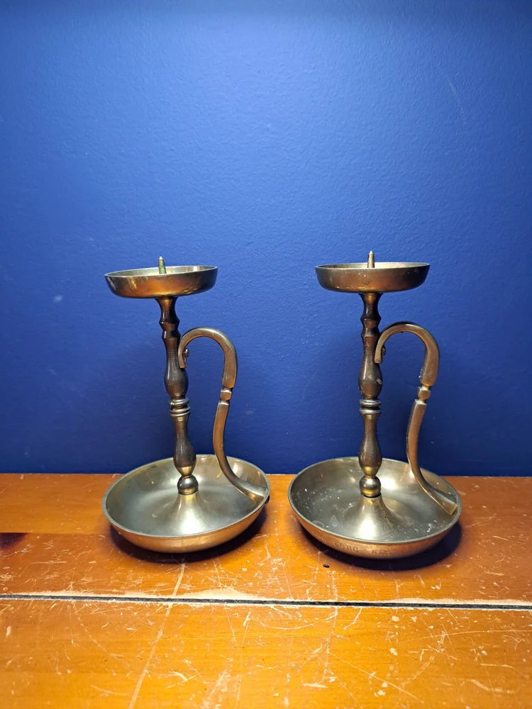 Vintage Pair of Korean Brass Chambersticks, Engraved, Gift from Korean War Presented to Army Major from Korean Lieutenant General, Militaria