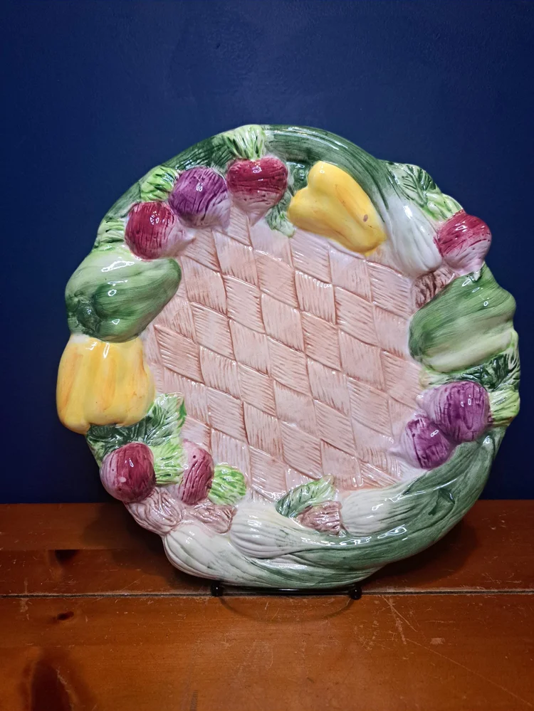 Vintage Bazaar Fruit Plate, Embossed Vegetable Platter, Serving Plate Featuring a Rim Decorated with Veggies