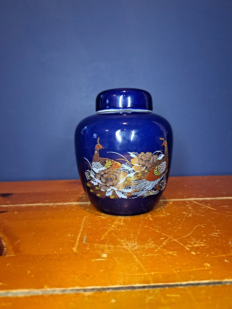 Vintage Blue Ginger Jar with Matching Lid, Vintage Cobalt Blue Ginger Jar with Floral Motif and a Gold Pheasant Pattern, Vintage Ginger Jar