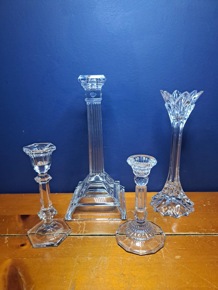 Lot of Four Vintage Crystal Candlestick Holders, Mixed Size and Design Set of Four Taper Candle Stick Holders