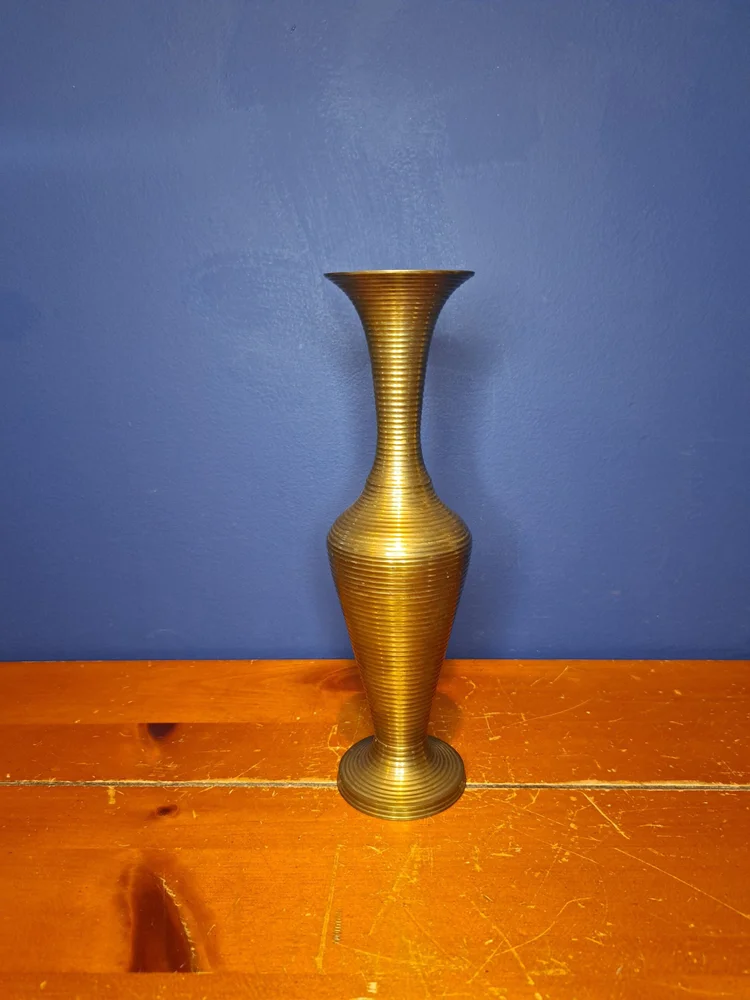 Vintage Ringed Ribbed Brass Vase, Vintage Brass Metal Vase, Vintage Ribbed 1970s Style Brass Vase, MCM Brass Art Vase, Unique Ringed Vase
