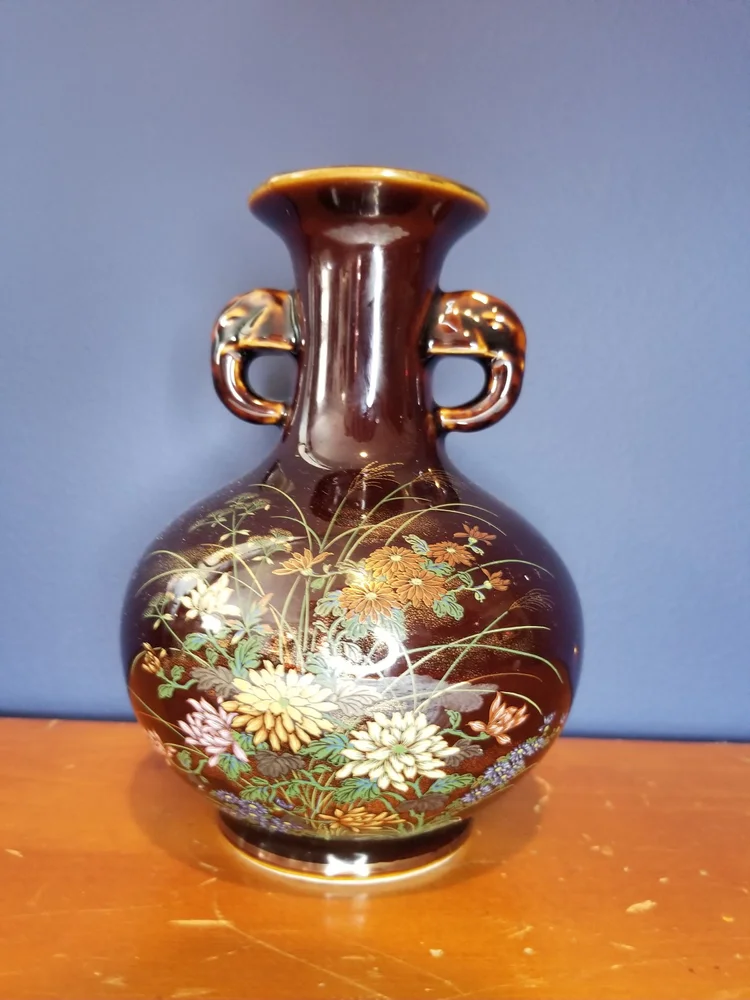 Otagiri Japanese Brown Ceramic Vase - Two Elephant Head Handles - Floral Scene with Quail - OMC