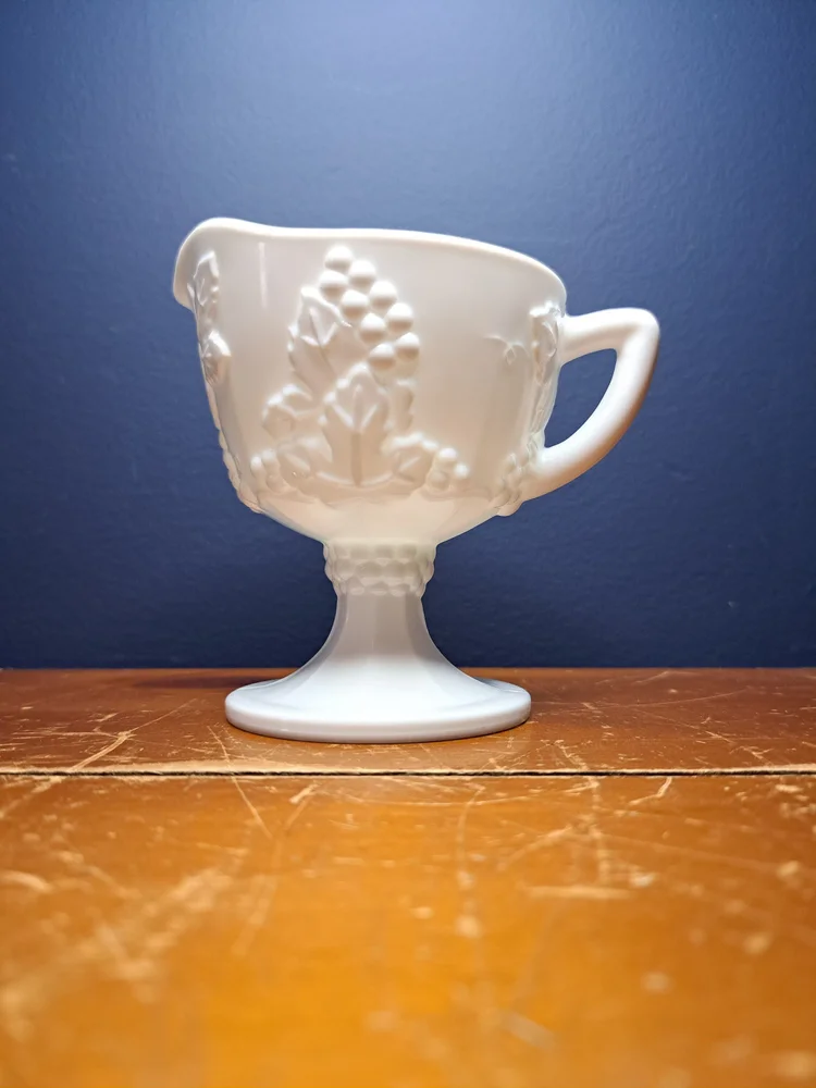 Vintage Indiana Glass Footed Creamer, Indiana Milk Glass Grape Pattern Creamer, Milk Glass Creamer, Pedestal Milk Glass Creamer