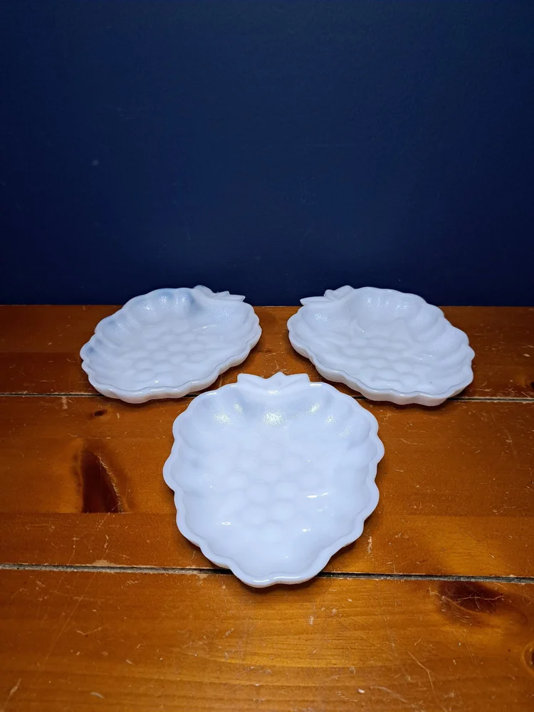 Vintage Hazel Atlas Textured Milk Glass Grape Motif Dish, Set of Three Hazel Atlas Grape Motif Candy Dishes, Vintage Milk Glass Shallow Dish