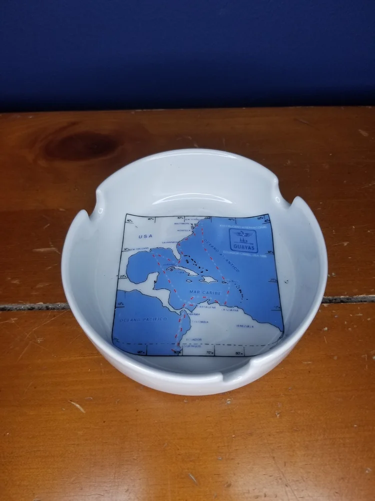 Vintage Cruise Map, Ship Route Ashtray, Crucero Internacional, Guayas Ecuador Hotelware