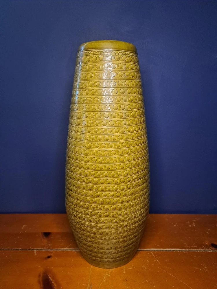 Gorgeous and Unique Vintage West Germany Pottery Vase, Vintage floor Vase, Vintage Large Green Vase, Vintage Scheurich WGP Olive Green Vase