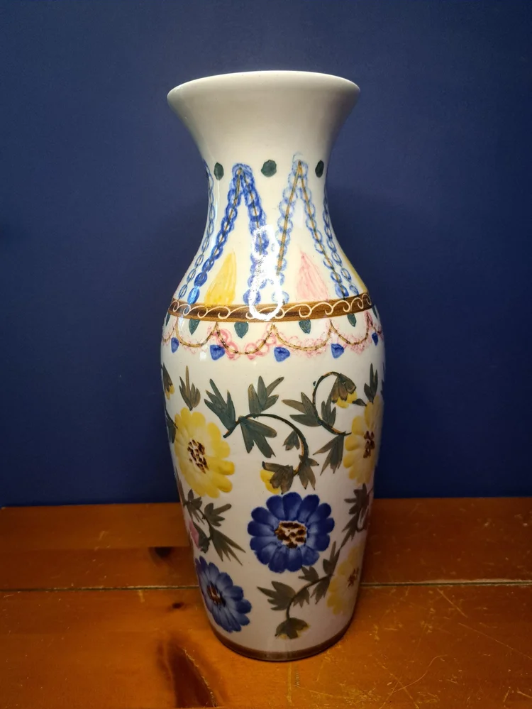 Vintage Floral Hand Painted Large Floor Vase, Pink, Yellow and Blue Floral Floor Vase, Vintage Italian Ceramic Floral Vase, Handpainted Vase