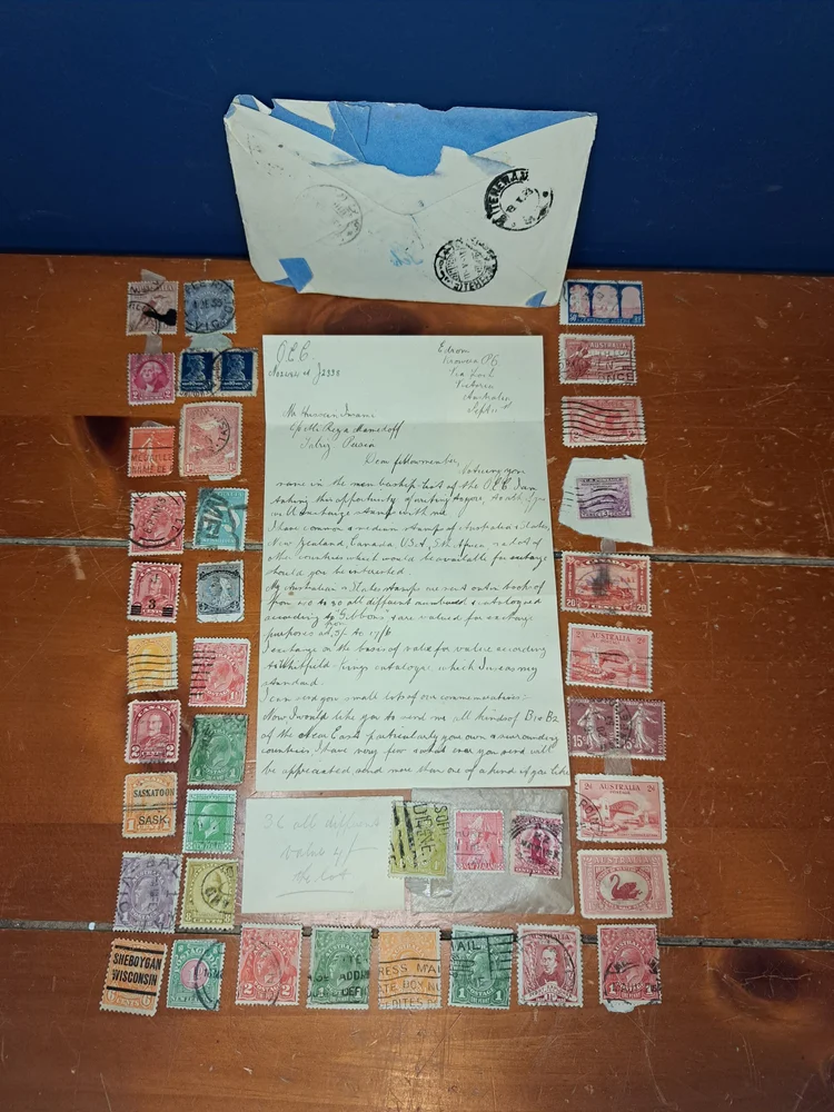 Vintage Stamp Collector Correspondence, Australia to Persia, Includes Handwritten Letter, Postmarked Envelope, US, Canada, Australian Stamps