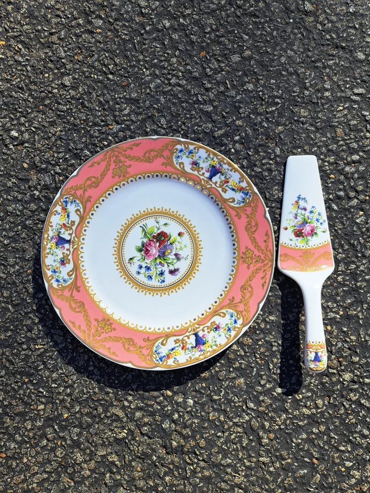 Vintage Andrea by Sadek Cake Plate and Server, Vintage Cake Plate with Serving Utensil, Vintage Plate with Pie Server, Pink Sadek Plate