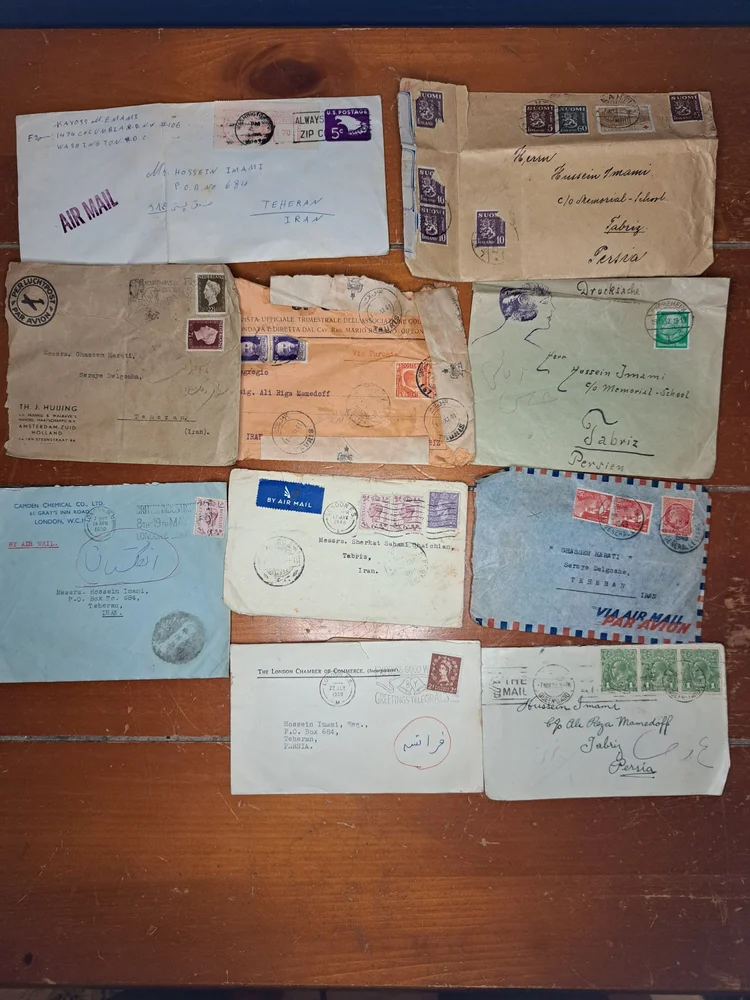 Collection of Ten Vintage Stamped and Postmarked Envelopes from Persia Dated 1930s-1950s, Lot of Vintage Stamped Envelopes