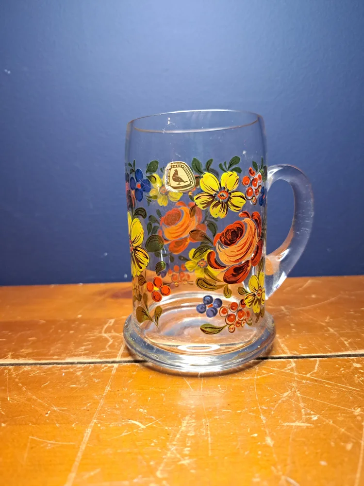Beautiful 70s Style Hand Painted Clear Glass Mug, 1970s Orange and Yellow Floral Pattern, Hand Painted Clear Beer Stein