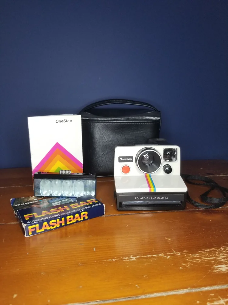 Vintage White Polaroid One Step Land Camera with Polaroid Bag/Case, Two Sylvania Flashbars and One Step Booklet