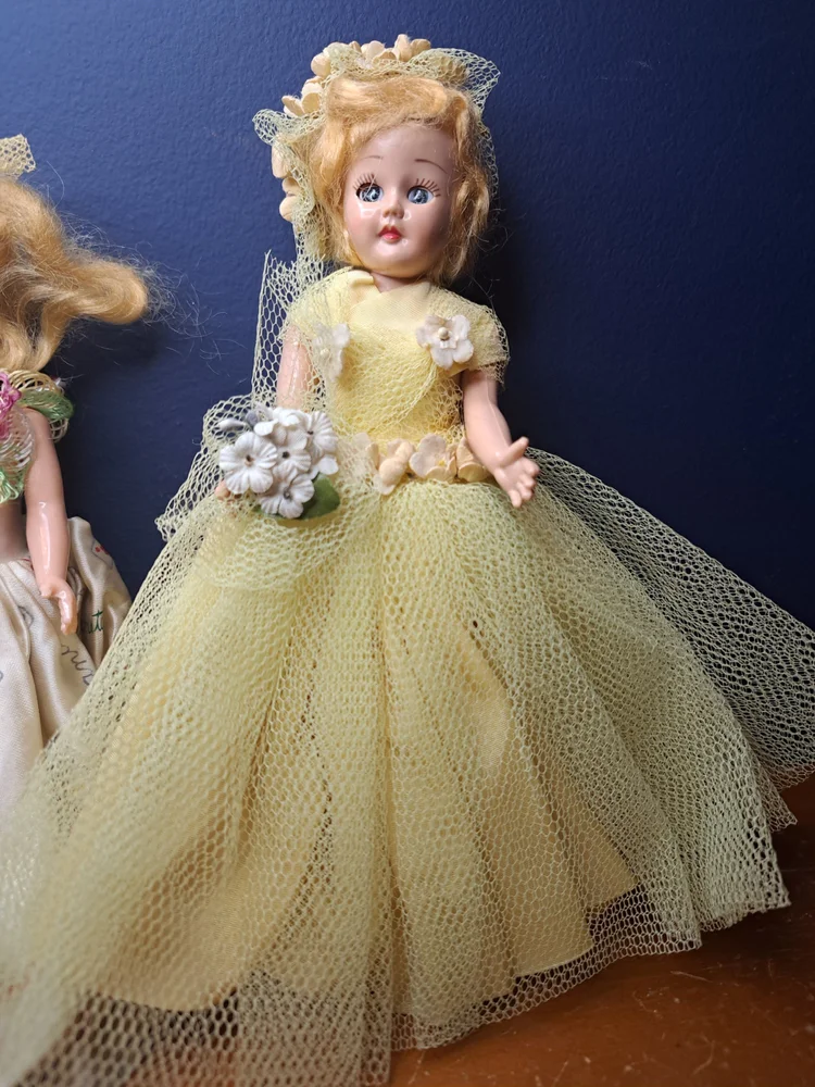 Vintage Hard Plastic Doll Dressed in Yellow, Pretty Doll in Vintage Yellow Tulle Gown, Vintage Blonde Hair Blue Eyed Doll with Yellow Flower
