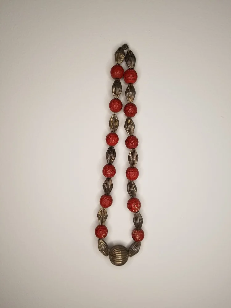 Fine Antique Sterling Silver Hand Carved Cinnabar Bead Necklace - Art Deco