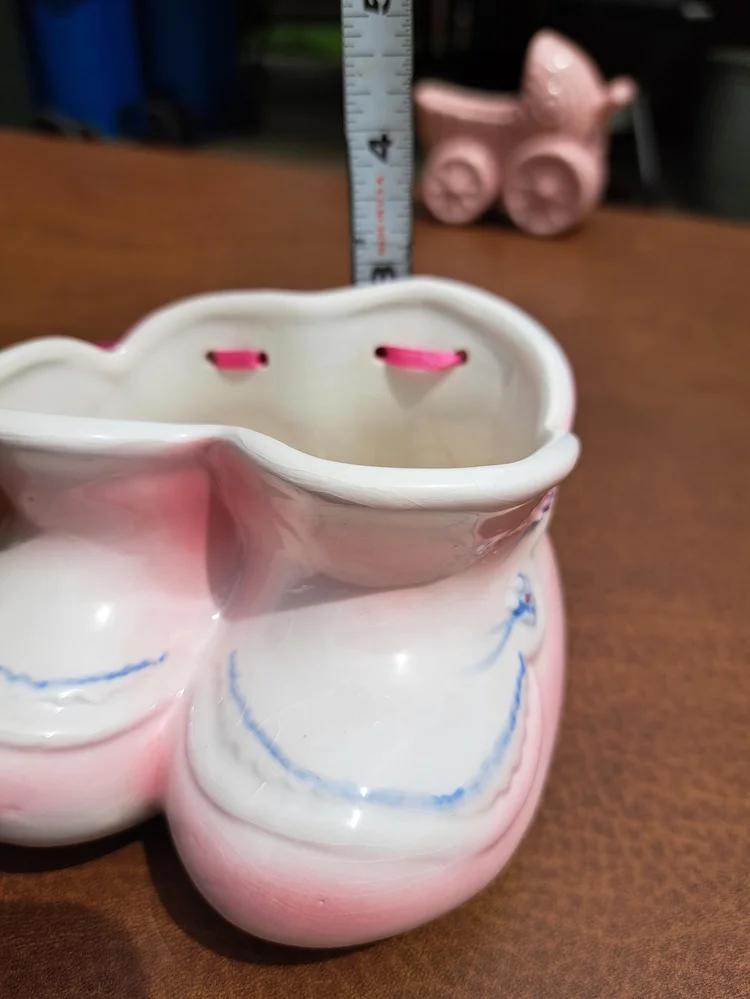 Vintage Pink Baby Shoes Planter with Blue Floral Accents and a Pink Ribbon, Cute Baby Shower Gift, Baby Booties Planter, Vintage Planter