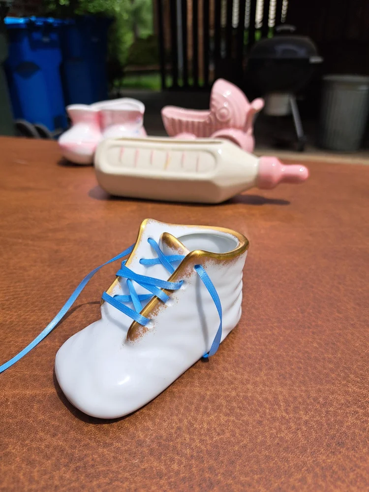 Vintage Blue and White Baby Shoes Planter with Gold Trim and a Blue Ribbon, Cute Baby Shower Gift, Baby Booties Planter, Vintage Planter