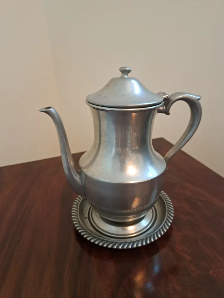 Vintage Genuine Pewter Coffee Pot with Plate, Vintage Pewter Tea Pot with Plate, Marked Genuine Pewter Coffee Pot with White Metal Plate