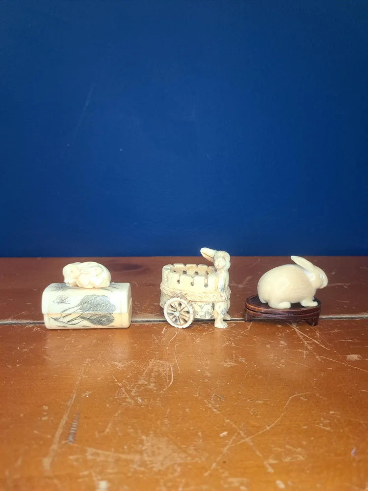 Antique Resin Japanese Netsuke Rabbit and Cart, Antique Bone Box by Le Petit Lapin, Bunny and Flowers, Resin Carved Bunny on Rosewood