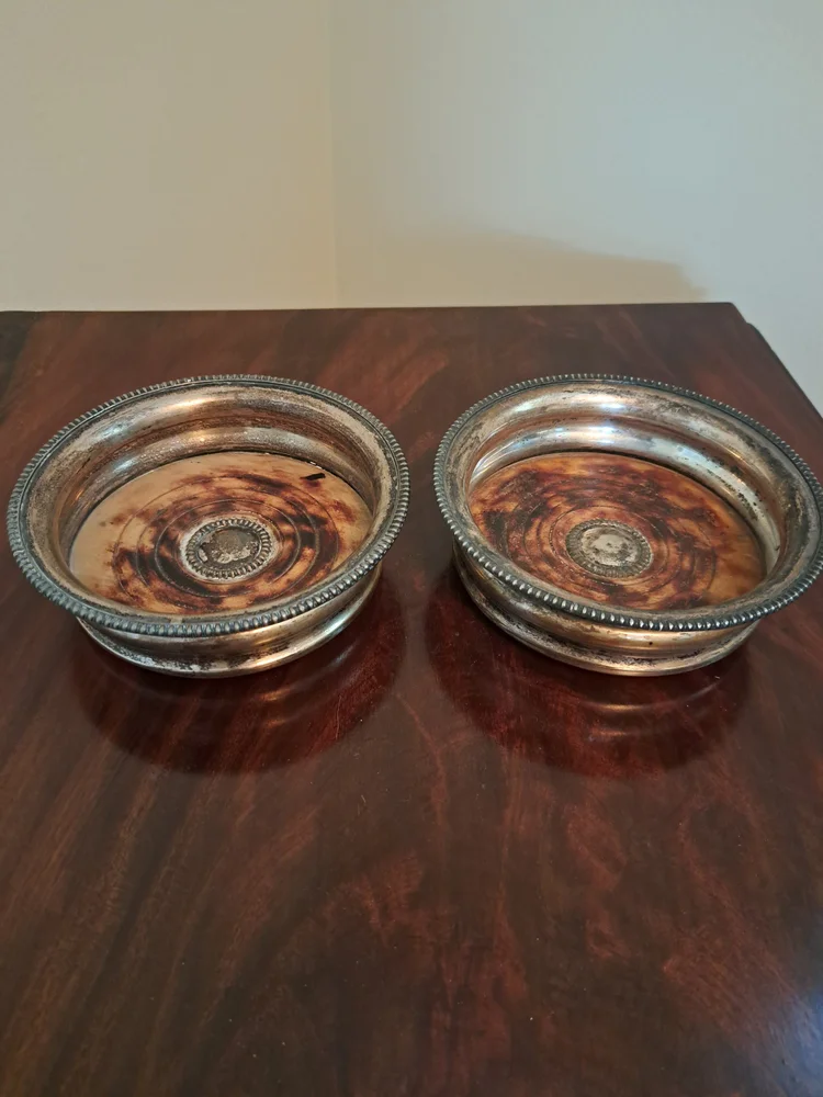 Vintage English Silver Plate Wine Coasters with Felt Bottom, Set of Two Silver Plate Wine Coasters, English Silver Wine Coasters,