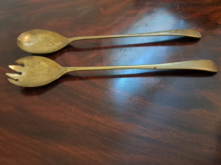 Vintage Brass Colored Serving Utensils, W A Ormoline Gold Colored Serving Utensils, Vintage English Serving Utensil Stamped W.A. Ormoline