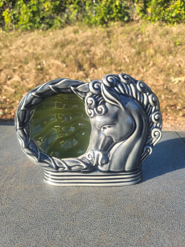 Vintage Horse Head Ceramic TV Lamp, Mid Century Modern Table Lamp in Grey and Lime Green