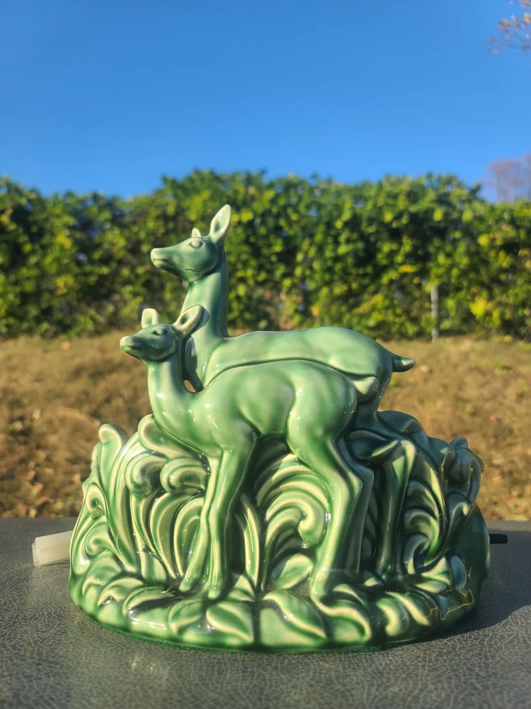 Vintage MCM Green Doe with Fawn TV Lamp and Planter, Chartreuse Green Deer Table Lamp
