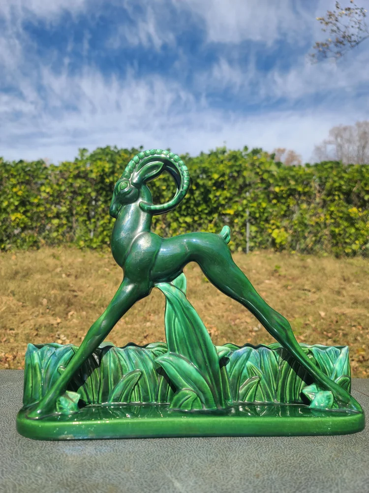 Vintage Royal Haeger Green Antelope Planter, Ceramic Green 1950s Standing Gazelle Vase